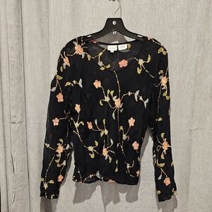 Together Black Sheer Floral Long Sleeve Blouse with Gold Chain and Sequin Detail